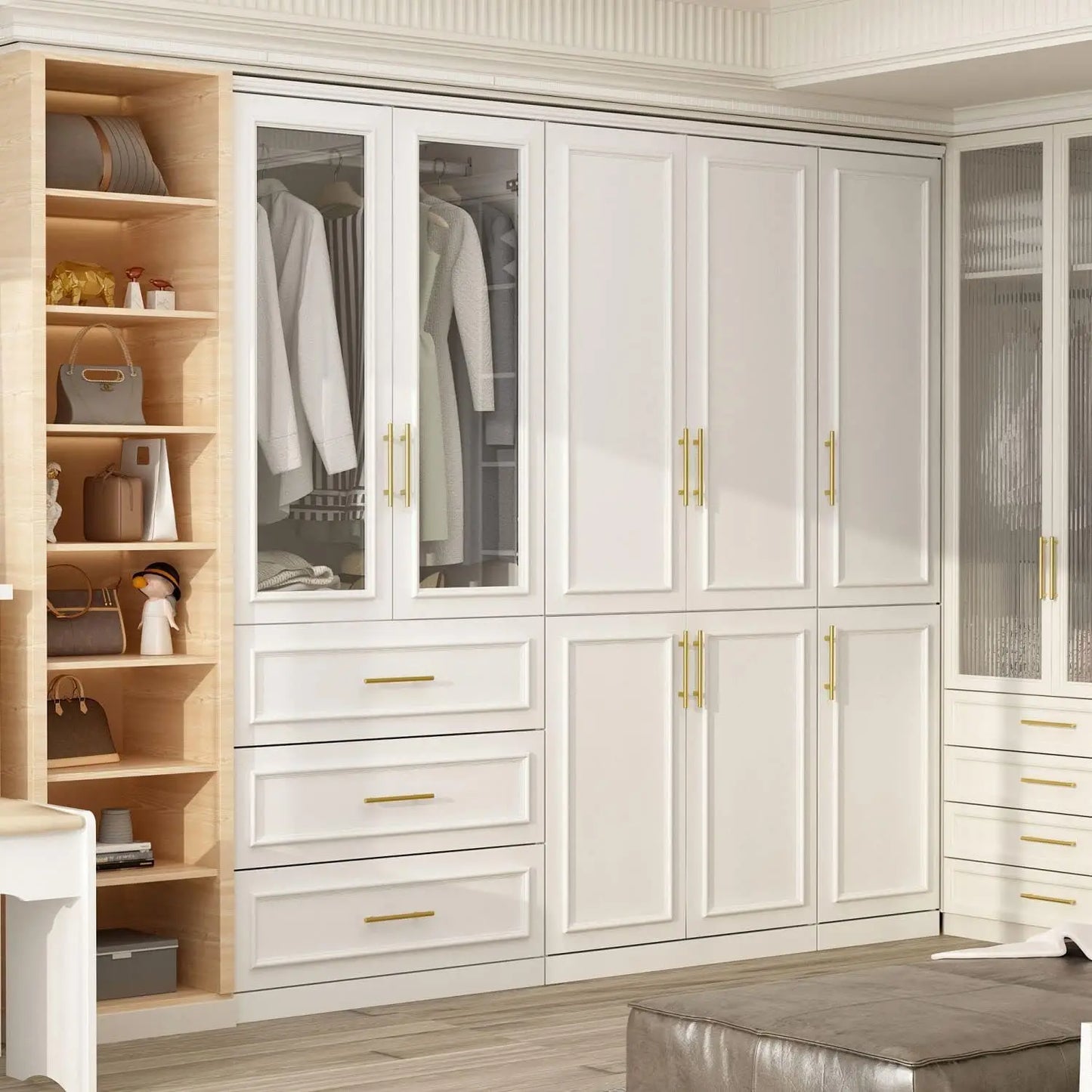 Large Armoire Wardrobe Closet System with Drawers & Hanging Rods, Wardrobe Armoire with Gold Metal Handles