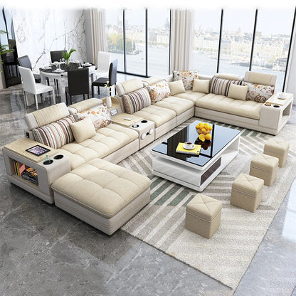 MINGDIBAO Nordic Fabric Sofa Set with Bluetooth Speaker & USB - Modern Living Room Modular Sofas Big U Shape Corner Cloth Couch