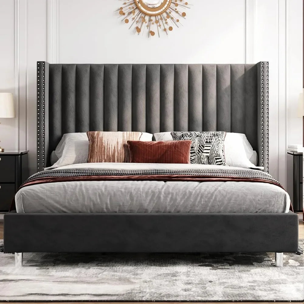 Bed Frame, Tufted Velvet with Vertical Channels, No Springs, Easy To Assemble, Grey, King Size Bed Frame