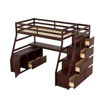 Espresso Twin Size Loft Bed with with 7 Drawers 2 Shelves and Desk Easy to assemble for indoor bedroom furniture