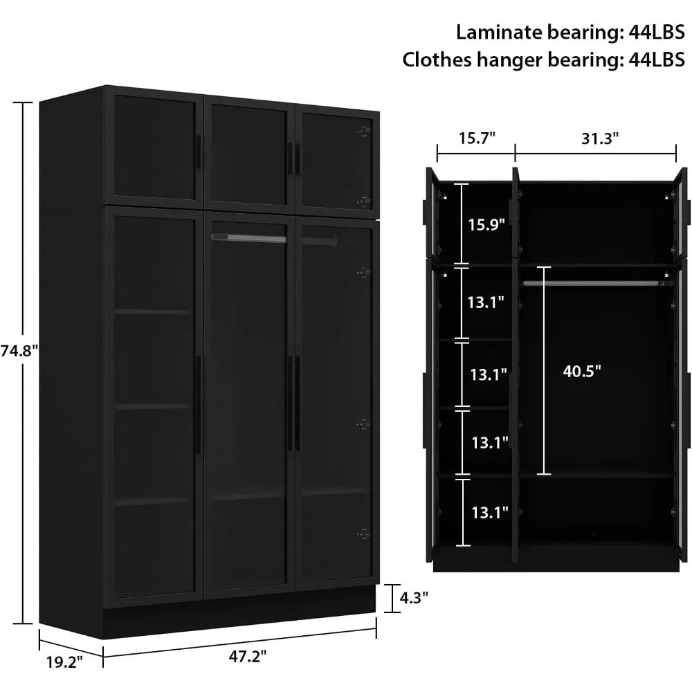 Glass Wardrobe Closet with Lights, Amoire Wardrobe with Glass Doors and Shelves, Armoire Wardrobe Closet with Hanging Rod