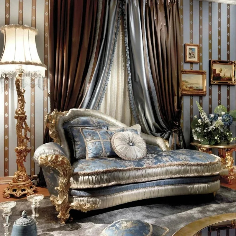 French Palace Style Gold Classic Royal Sofa Set Luxury Living Room Furniture Blue Embroidered Fabric Complete Set of Furniture