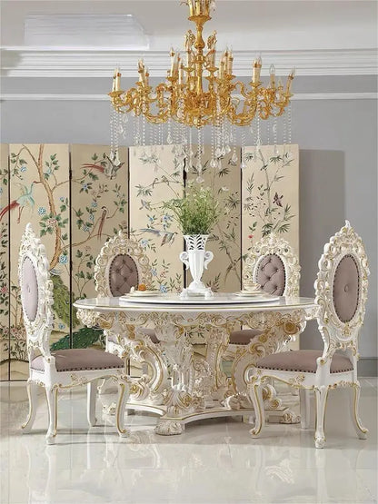 Rococo French Round Table and Chair Combination Colored Painting Restaurant Luxury Furniture European Cream Style