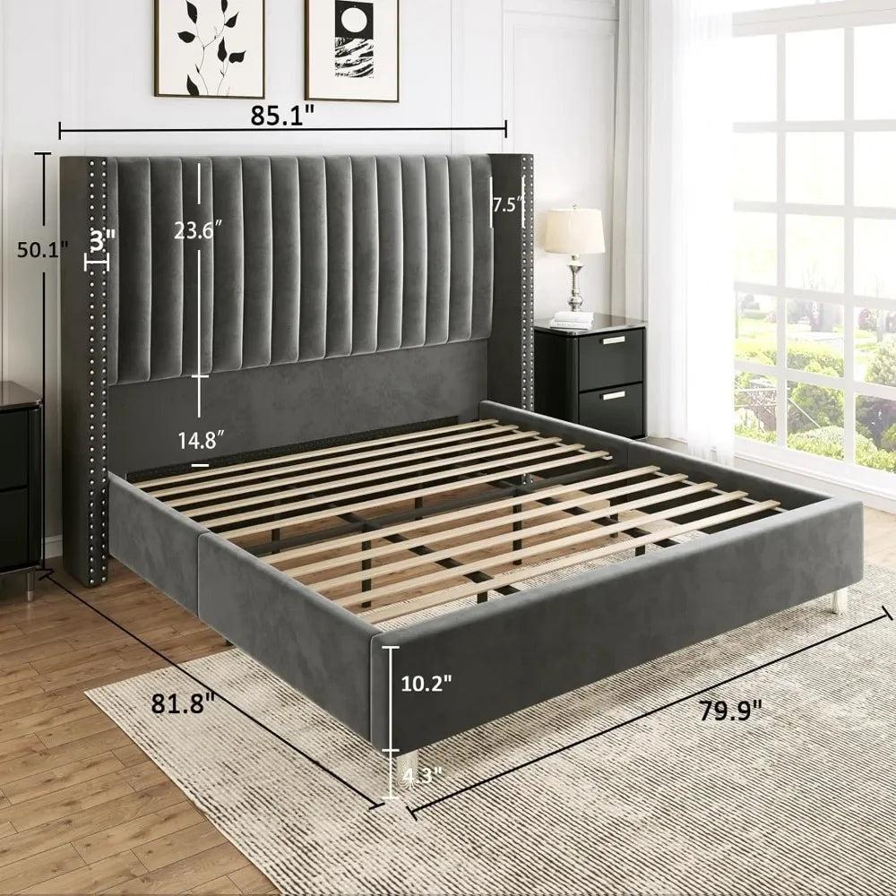 Bed Frame, Tufted Velvet with Vertical Channels, No Springs, Easy To Assemble, Grey, King Size Bed Frame