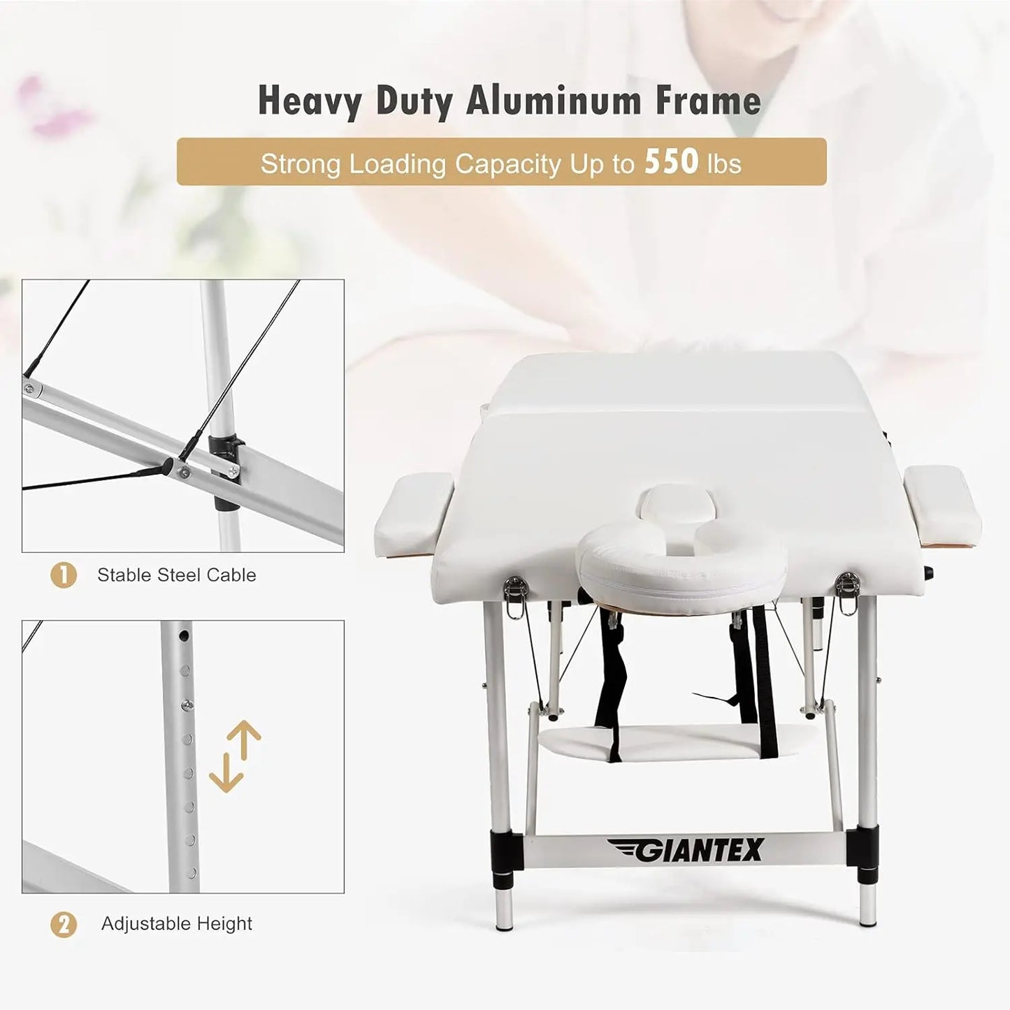 Giantex Portable Massage Table 84inch, Folding Lash Bed Aluminium Frame, Height Adjustable, 2 Fold Professional Facial Salon Tat