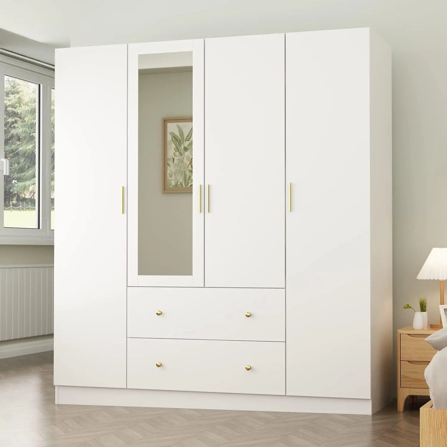 Wardrobe Armoire w/Mirror,5-Tier Shelves,2 Drawers,2 Hanging Rods &4 Doors,Wooden Closet Storage Cabinet for Bedroom,White/Brown