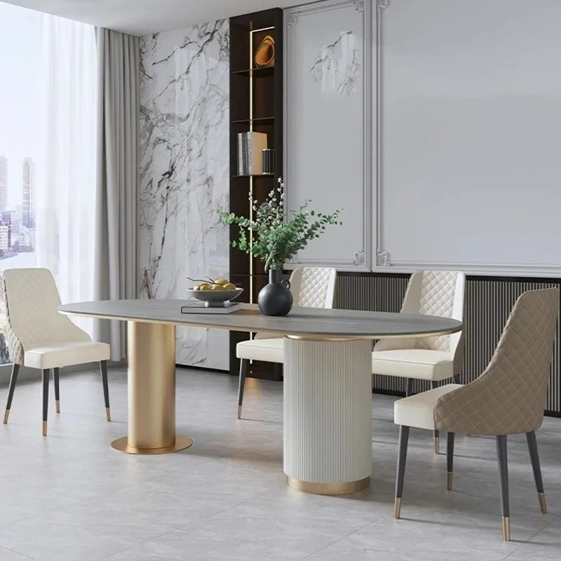 Light Luxury Modern Dining Tables Oval Rock Plate Chair Combination Mobil Simple Nordic Muebles Para Hogar French Furniture