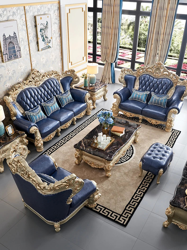 7 seater royal luxury Antique living room furniture original leather sofa set white and gold fabric living room sofa set