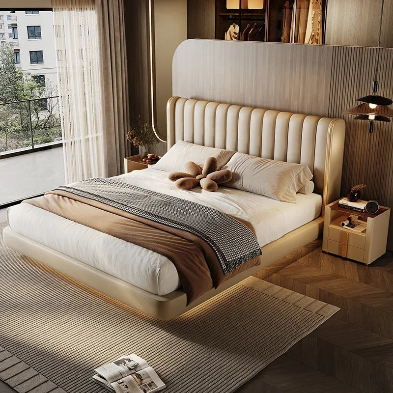 2024 new Suspended bed leather light luxury master bedroom marriage bed, modern simple double bed  piano key soft bed