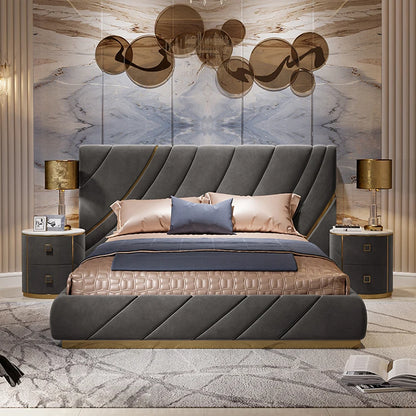 Luxury bedroom furniture set Italian customized leather big headboard up-holstered bed frame modern king size bed