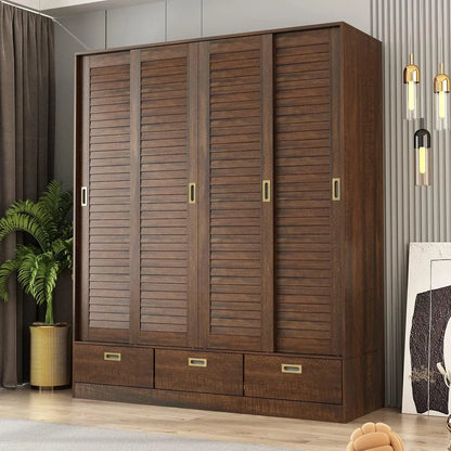 Large Wardrobe Armoire w/4 Sliding Doors,Hanging Rods & Storage Shelves,Wooden Closet w/Silver Handles for Bedroom,Brown/White