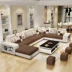 New European Luxury Living Room Sofas 7 Seater U Shaped Home Furniture Wooden Fabric Armchair Corner Recliner Sectional