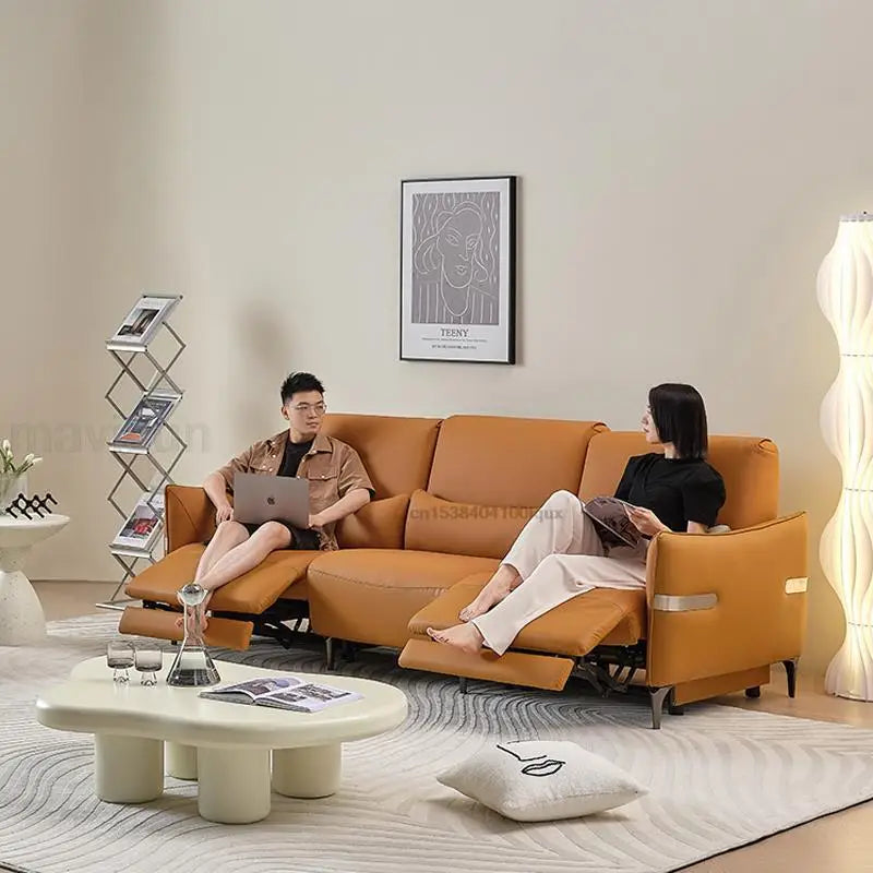 Living Room Leather Couch With Electric Seats Multi-Function Relax Armchair Comfortable Italian Style Free Control 3-people Sofa