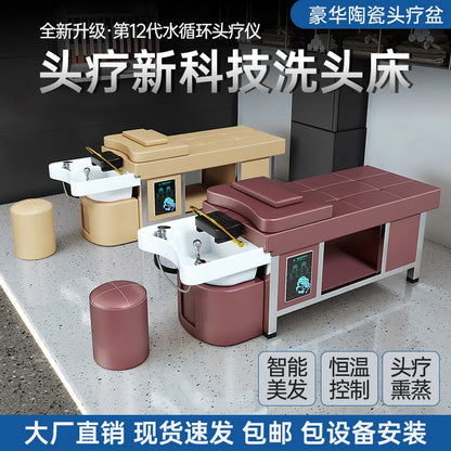 Fumigation Thai Shampoo Bed Ceramic Basin Japanese Head Spa Hair Washing Bed Luxury Krzeslo Szampon Salon Equipment MQ50SC