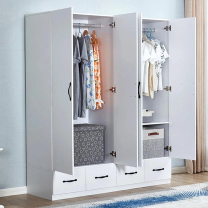 74.2" H Mirror Wardrobe 4 Doors White Wooden Freestanding Wardrobe Closet Armoire Bedroom Storage Wardrobe Cabinet Bathroom