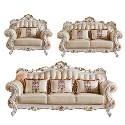 European Ivory White Leather Sofa Luxury Villa Oak Carved Furniture 123 Combination Royal Concubine Chair Gold Painting Luxury