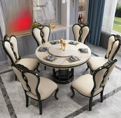 American light luxury solid wood round table luxury ebony European marble dining table and chair combination 6-person