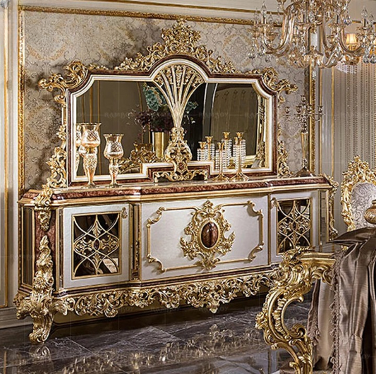 French Italian villa luxury sideboard of European solid wood carved gold leaf side cabinet with mirror dining room furniture