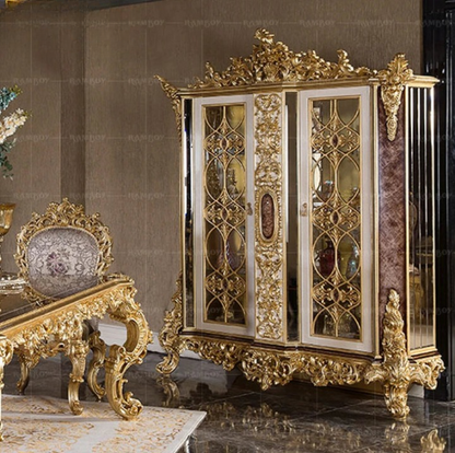 French Italian villa luxury sideboard of European solid wood carved gold leaf side cabinet with mirror dining room furniture