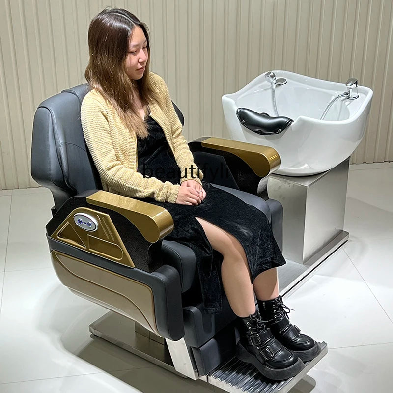 Electric Shampoo Chair Lying Half Flushing Bed Barber Shop for Hair Salon Beauty Salon Ceramic Basin Hair Washing Recliner