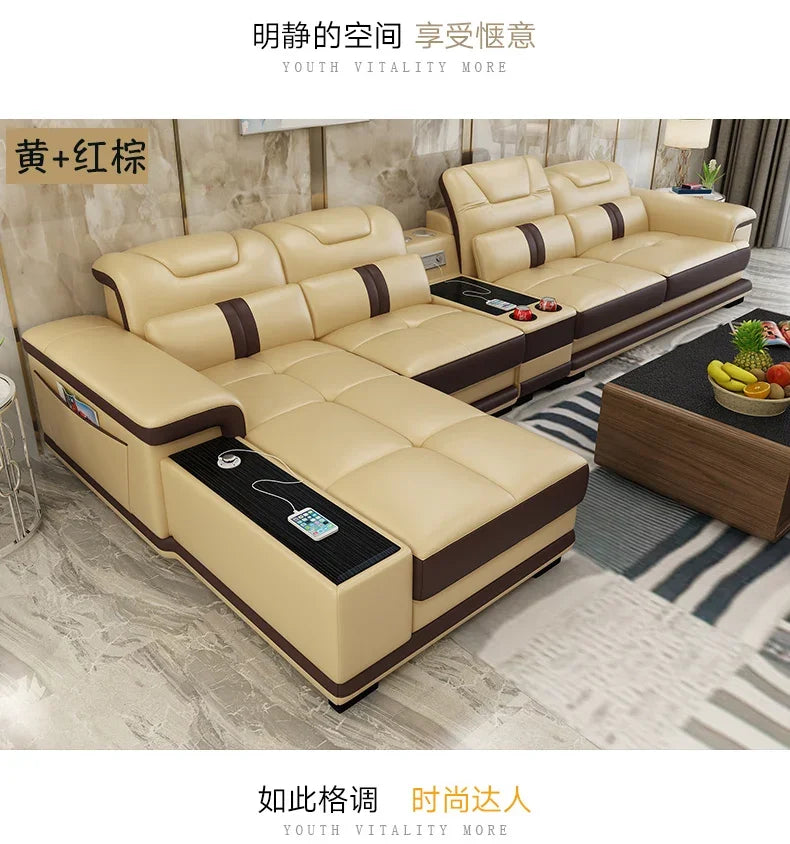 Luxury Italian Genuine Leather Sectional Sofa Set with Bluetooth Speaker and USB Ports Cow Leather Living Room Couch Set