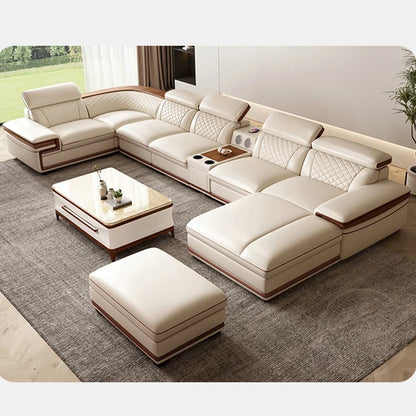 MINGDIBAO Premium Italian Genuine Leather Sofa Set for Living Room with Adjustable Headrests, Bluetooth Speaker, Wireless Charge