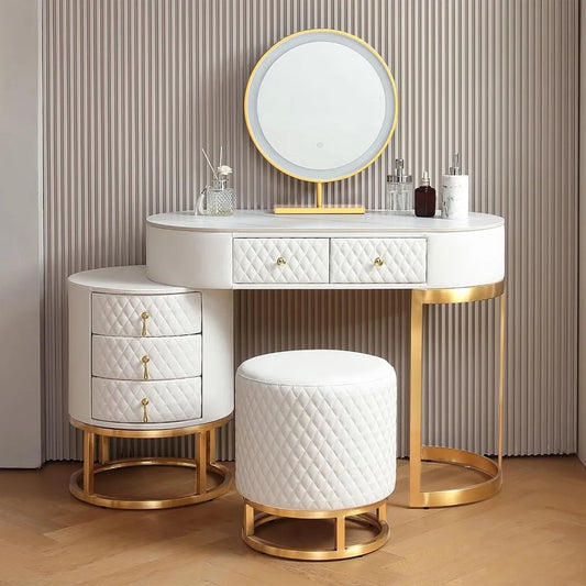 Faux Leather Vanity Desk with Mirror Makeup Table with Drawers & Vanity Stool, White Dressers