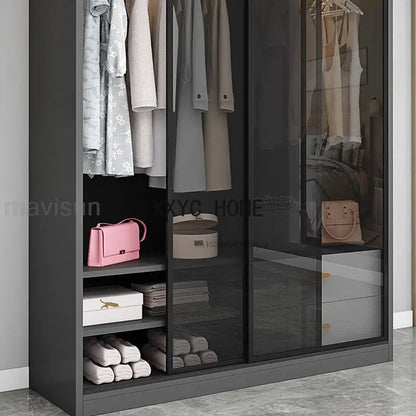 Italian Clothes Cabinet With LED Light And Storage Drawers Transparent Glass Sliding Door Bedroom Wardrobes Luxury Wood Closets