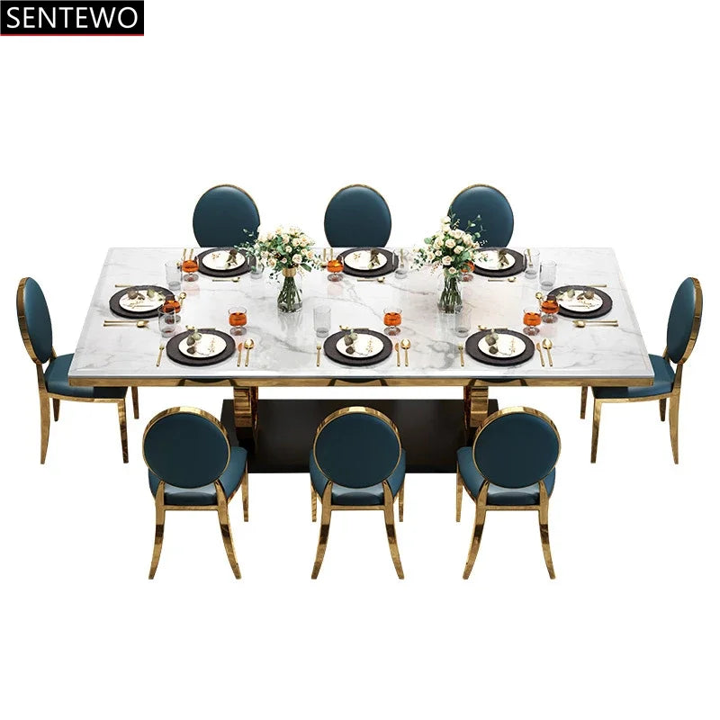 SENTEWO Luxury Marble Dining Table and 8 Dinning Chairs Stainless Steel Golden Leg Frame Dinner Table Chair Set Haute De Cuisine