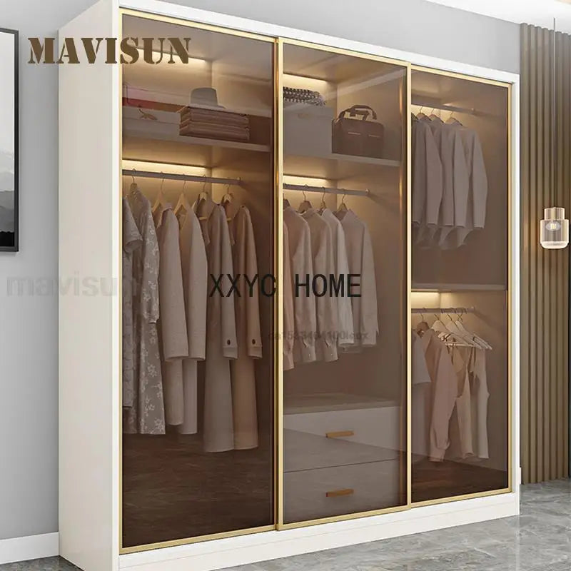 Italian Clothes Cabinet With LED Light And Storage Drawers Transparent Glass Sliding Door Bedroom Wardrobes Luxury Wood Closets