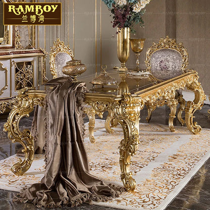 French Italian villa luxury dining table and chair combination of European solid wood carved gold leaf restaurant furniture