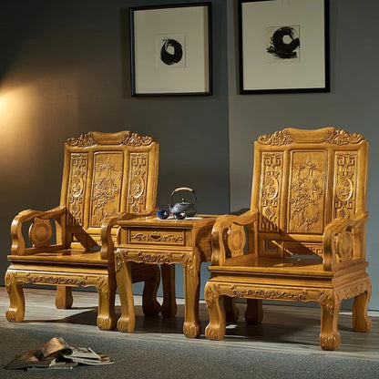 Sofa chair combination log coffee table solid wood carving flower antique living room Chinese classical mahogany home