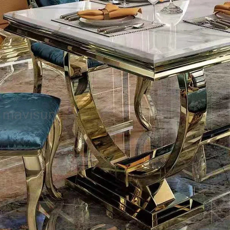 Golden Luxury Kitchen Table Marble Modern Rectangle Stable Gold Plated Stainless Steel Frame Dining Table Chairs Combination