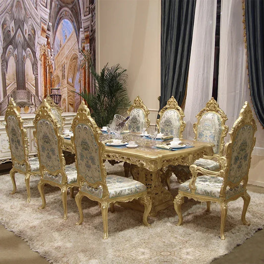 Palace French luxury villa furniture restaurant Champagne gold solid wood rectangular carved dining table and chair combination