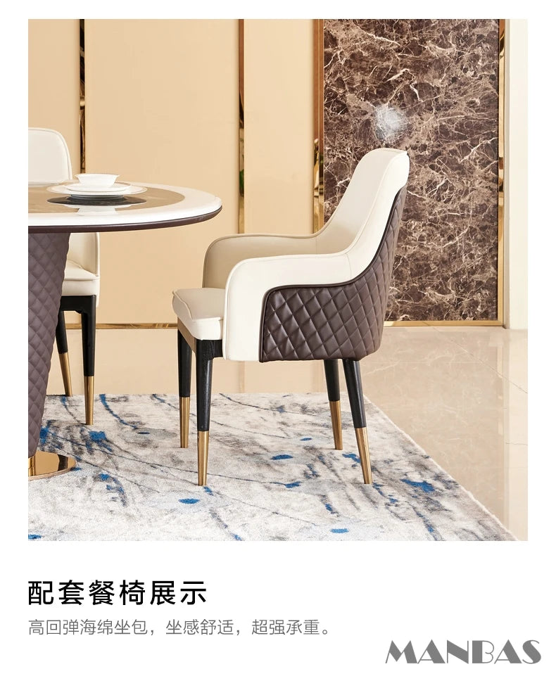 MINGDIBAO Dining Room Set: Genuine Leather Chairs & Rectangle Marble Table with Stainless Steel and Leather