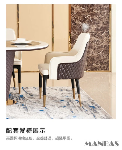 MINGDIBAO Dining Room Set: Genuine Leather Chairs & Rectangle Marble Table with Stainless Steel and Leather