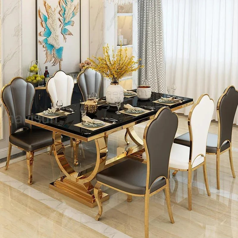 Golden Luxury Kitchen Table Marble Modern Rectangle Stable Gold Plated Stainless Steel Frame Dining Table Chairs Combination