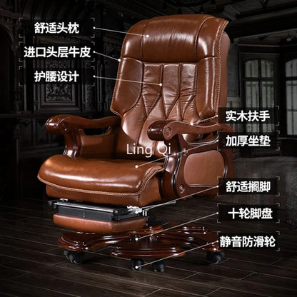 Genuine Leather Boss Office Chairs Reclining Massage Home Lifting Computer Chair Swivel Solid Wood Muebles Office Furniture