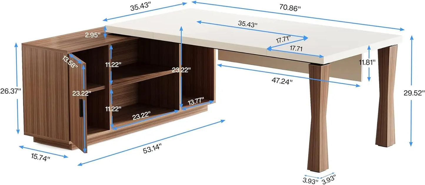 71Inch Executive Desk, L-Shaped Desk w/ Cabinet, Large Office Desk w/ Storage Shelves, Writing Table Desk Business Furniture Set