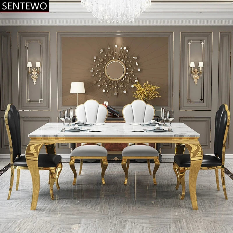 Popular Luxury Marble kitchen dining table and 6 dinner chairs set Stainless steel gold leg frame home furniture esstisch mit