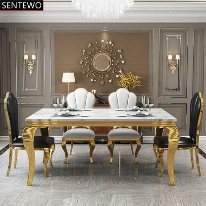 Popular Luxury Marble kitchen dining table and 6 dinner chairs set Stainless steel gold leg frame home furniture esstisch mit