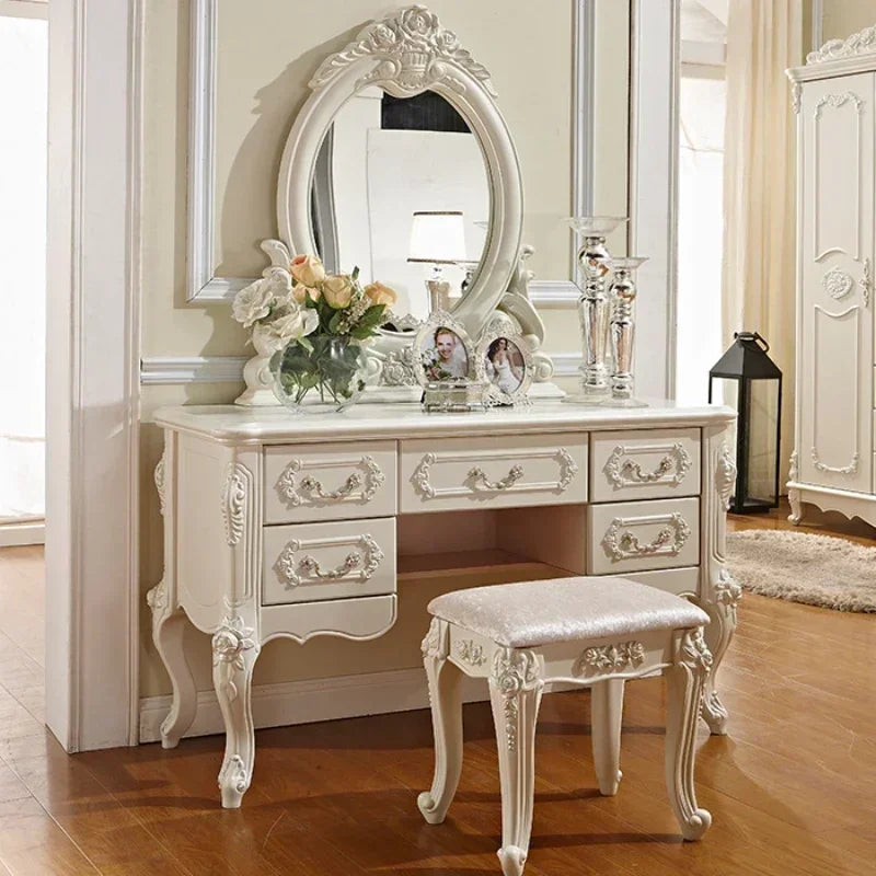 Light Luxury European Dressers for Bedroom Princess Furniture Ins White Dressing Table Makeup Vanity Table with Light Mirror Set