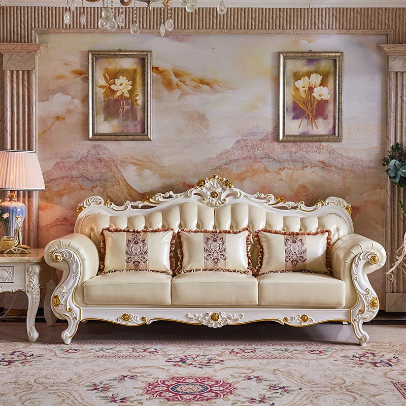 European Ivory White Leather Sofa Luxury Villa Oak Carved Furniture 123 Combination Royal Concubine Chair Gold Painting Luxury