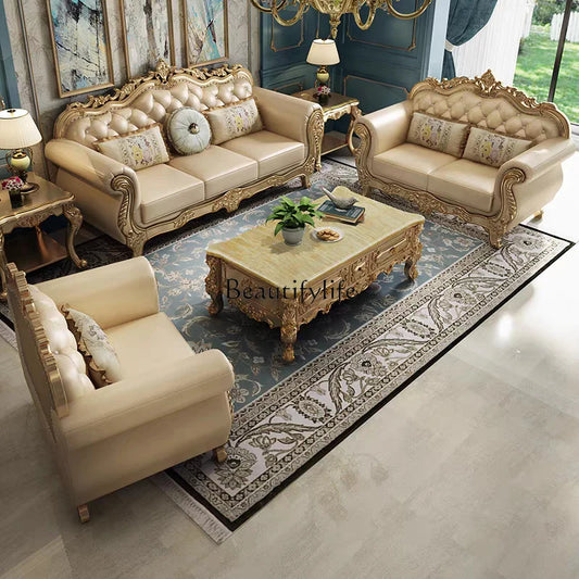 Living Room Furniture High-Grade Solid Wood Carved Luxury First Layer Cowhide Leather Sofa