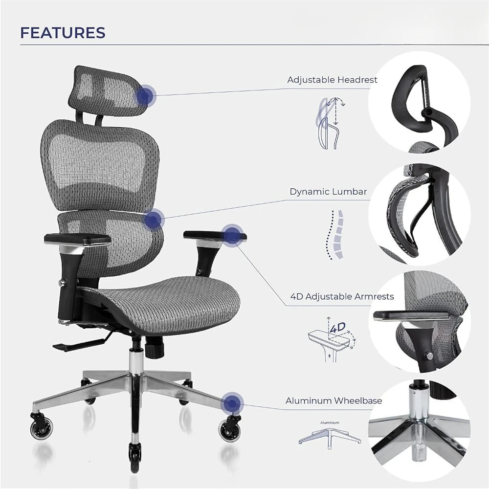 3D Ergonomic Office Chair - Rolling Desk Chair With 4D Adjustable Armrest 3D Lumbar Support and Blade Wheels Armchair