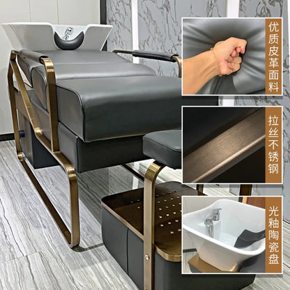 Barber Equipment Shampoo Chair Head Spa Bed Stylist Luxury Shampoo Chair Basin Wash Hair Salon Gold Reclining Cadeira Furniture