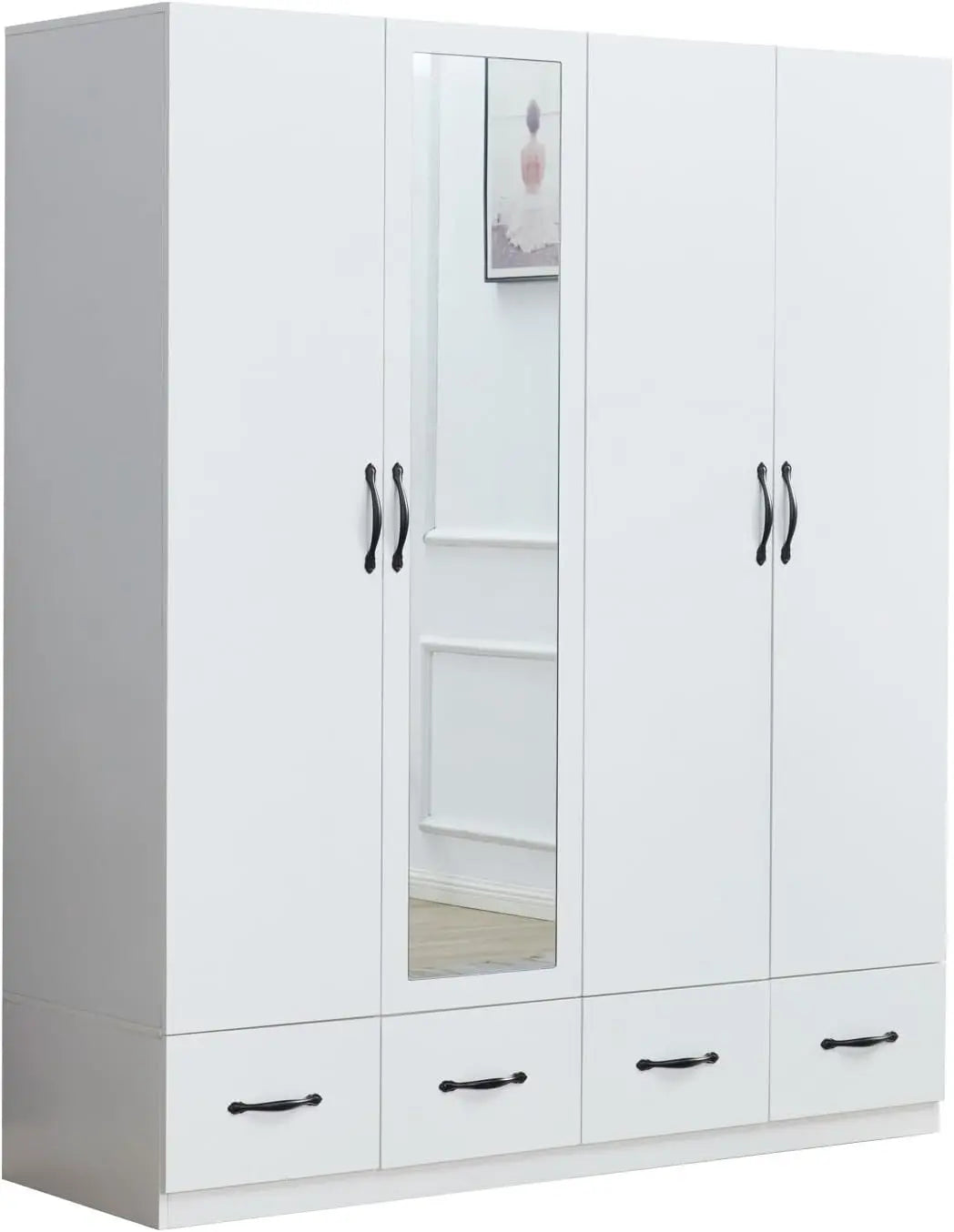 74.2" H Mirror Wardrobe 4 Doors White Wooden Freestanding Wardrobe Closet Armoire Bedroom Storage Wardrobe Cabinet Bathroom