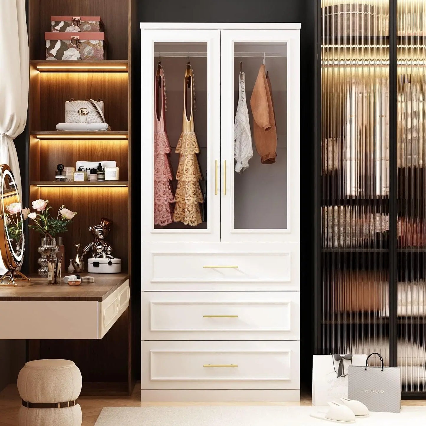 Large Armoire Wardrobe Closet System with Drawers & Hanging Rods, Wardrobe Armoire with Gold Metal Handles