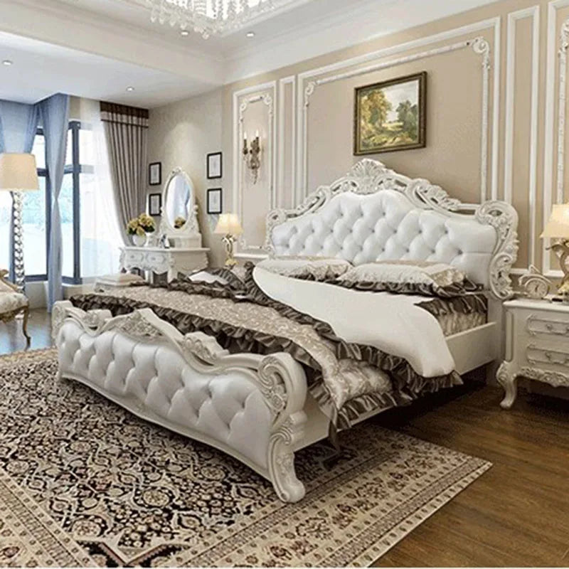 Modern European Double Bed White Villa Glamorous Wood Luxury Twin Bed Frame Headboard Design Cama Box Casal Home Furniture