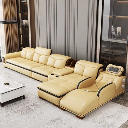 Luxury L-Shaped Genuine Leather Sectional Sofa with Bluetooth Speaker - MINGDIBAO Living Room Italian Leather Couch with Massage